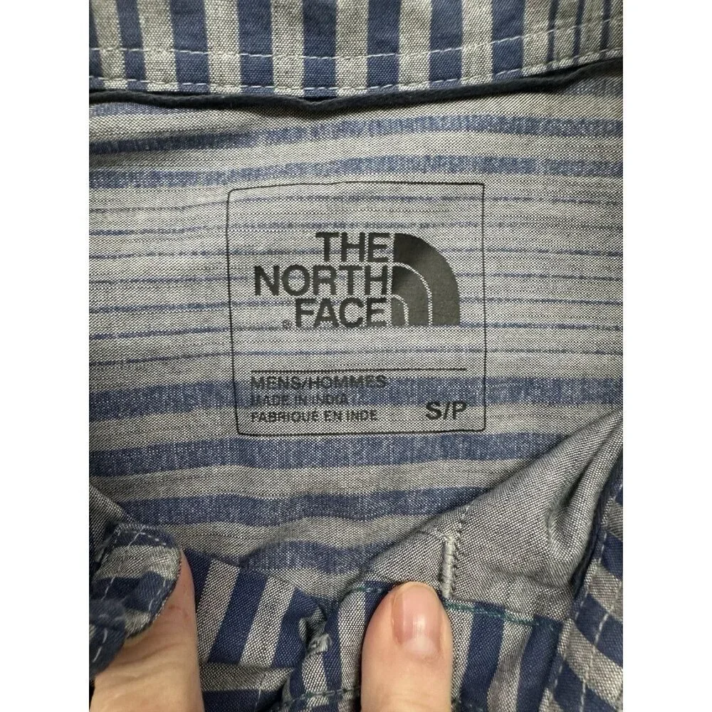 The North Face Shirt Mens Sz‎ S Blue Gray Stripe Short Sleeve Button Up Cotton